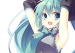  aqua_eyes aqua_hair armpits arms_behind_head arms_up detached_sleeves green_eyes hatsune_miku long_hair nanashi_(soregashi) necktie open_mouth simple_background smile solo twintails upper_body vocaloid 