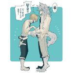  2boys animal_ears billy_the_kid_(fate) blonde_hair blush claws closed_mouth commentary_request fate/grand_order fate_(series) furry furry_male grey_fur grey_hair looking_at_penis male_focus multiple_boys open_mouth patxi_(fate) sai_(non-collier) speech_bubble spoken_squiggle squiggle sweat tail translation_request wolf_boy wolf_ears wolf_tail 