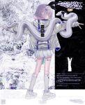  1girl absurdres acid_graphics barcode belt black_bow bow bow_hairband closed_mouth commentary cyber_sigilism double_v ear_piercing from_behind full_body hair_between_eyes hair_ornament hairband hairclip highres hood hood_down hooded_jacket jacket jewelry kneehighs long_sleeves looking_at_viewer looking_back multiple_rings original outstretched_arms piercing pink_hair pleated_skirt profile purple_eyes ring shoes short_hair skirt snake snake_wrapped_around_body sneakers socks solo spread_arms thigh_belt thigh_strap v white_hair white_jacket white_shoes white_skirt white_snake white_socks zhayoulu 