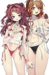  2girls :d absurdres arm_at_side armpit_crease ass_visible_through_thighs bare_arms bare_shoulders bikini black_bikini blonde_hair breasts brown_hair chamchamshia cleavage clothes_pull collarbone commentary cowboy_shot cup disposable_cup double_bun fingernails food food_bite frilled_sleeves frills gakuen_idolmaster gradient_hair grin hair_bun hairband halterneck hanami_saki hanami_ume hand_up highleg highleg_bikini highres holding holding_cup holding_food holding_ice_cream ice_cream idolmaster large_breasts long_fingernails long_hair long_sleeves looking_at_viewer medium_breasts multicolored_hair multiple_girls navel necktie off-shoulder_shirt off_shoulder open_clothes open_mouth open_shirt orange_hair orange_necktie parted_lips purple_eyes purple_nails red_bikini see-through_clothes see-through_shirt shirt shirt_pull short_hair siblings side-by-side side-tie_bikini_bottom simple_background sisters smile stomach swimsuit swimsuit_cover-up two-tone_hair two_side_up untranslatable_commentary wavy_hair white_background white_hairband white_shirt wristband yellow_eyes 
