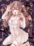  1girl absurdres animal_ears bandaged_arm bandages bare_shoulders bat_(animal) bat_wings blush brown_hair choker claw_pose dress estelle_(vtuber) hair_ornament halloween halloween_costume highres indie_virtual_youtuber jewelry long_hair looking_at_viewer open_mouth red_eyes sheep_ears sheep_girl sheep_hair_ornament short_dress single_thighhigh sleeveless sleeveless_dress smile solo thighhighs thighlet torn_clothes torn_thighhighs two_side_up udonouo virtual_youtuber white_dress wings 