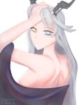  1girl absurdres bare_back bare_shoulders black_horns blue_eyes cape grey_hair heterochromia highres horns long_hair looking_at_viewer non-web_source open_clothes simple_background solo sunbringer_(original)_(zenless_zone_zero) white_background yellow_eyes zenless_zone_zero zephyrodimitrio 