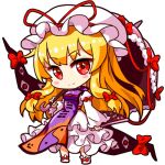  1girl blonde_hair bow chibi chibi_only closed_mouth commentary disembodied_eye dress full_body gap_(touhou) hair_bow hat hat_ribbon holding holding_umbrella long_hair long_sleeves looking_at_viewer lowres mob_cap one-hour_drawing_challenge purple_tabard red_bow red_eyes red_ribbon renren_(ah_renren) ribbon simple_background smile solo standing tabard touhou trigram umbrella white_background white_dress white_hat yakumo_yukari yin_yang yin_yang_print 