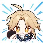  1boy ahoge attacking_viewer black_gloves blonde_hair blush chibi chibi_only closed_mouth commentary english_commentary fingerless_gloves genshin_impact gloves honkai:_star_rail honkai_(series) looking_at_viewer male_focus motion_lines official_art punching punching_viewer smile solo speed_lines yanqing_(honkai:_star_rail) yellow_eyes 