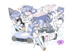  1girl 3am animal_ears asymmetrical_legwear azezaroo blue_hair blue_tail blue_thighhighs breasts car checkered_flag chips_(food) cleavage commentary cup detached_wings eating english_commentary eye_mask flag food frills hair_over_one_eye highres large_breasts leotard long_hair mask mismatched_legwear motor_vehicle multicolored_leotard multiple_views on_car raccoon_ears raccoon_girl raccoon_tail race_queen see-through_clothes see-through_sleeves snuffy_(vtuber) tail thighhighs thighs toyota toyota_2000gt virtual_youtuber white_background white_leotard wings 