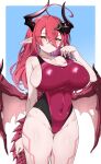  1girl absurdres ahoge akasha_(v0id_saga) arm_at_side bare_arms bare_shoulders black_horns blue_background blush body_markings border breasts bursting_breasts closed_mouth collarbone commentary_request competition_swimsuit covered_navel cowboy_shot crossed_bangs curvy groin hair_between_eyes half-closed_eyes hand_up highleg highleg_one-piece_swimsuit highres horns huge_ahoge huge_breasts long_hair long_hair_between_eyes looking_at_viewer low_wings one-piece_swimsuit original outside_border pointy_ears red_hair red_one-piece_swimsuit red_tail red_wings ringed_eyes sideboob sidelocks simple_background skindentation solo standing strap_pull swimsuit thigh_gap thighs wet white_background wings yellow_eyes 