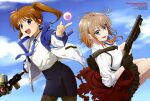  2girls :d absurdres ahoge anime_coloring arakaki_issei black_gloves black_pantyhose black_skirt blue_eyes blue_jacket blue_necktie brown_hair brown_skirt collared_shirt copyright_name copyright_notice fingerless_gloves gloves gradient_hair gun high_side_ponytail highres holding holding_gun holding_staff holding_weapon jacket kuze_shiina light_blush long_hair looking_at_viewer lyrical_nanoha magazine_scan mahou_shoujo_lyrical_nanoha_exceeds:_gun_blaze_vengeance miniskirt multicolored_hair multicolored_jacket multiple_girls necktie newtype official_art open_clothes open_jacket open_mouth pantyhose pencil_skirt pleated_skirt pump_action raising_heart scan shirt shotgun side_ponytail sidelocks skirt skirt_suit smile staff suit takamachi_nanoha third-party_source two-tone_jacket weapon white_jacket white_shirt 