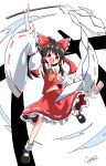  1girl :d ahoge armpits ascot black_shoes bow breasts brown_hair chest_sarashi collarbone commentary_request contrast_collar detached_sleeves floating frilled_bow frilled_skirt frills full_body generalcanon hair_bow hakurei_reimu highres long_hair looking_at_viewer midriff_peek ofuda open_mouth pointing pointing_up ponytail raised_eyebrows red_bow red_eyes red_shirt red_skirt sarashi shirt shoes sidelocks signature simple_background skirt small_breasts smile socks solo torii touhou white_background white_socks wide_sleeves yellow_ascot 