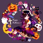  1girl animal_ears bat_(animal) black_hair boots bow bowtie candy cat checkerboard_cookie closed_mouth commentary_request cookie crescent_moon english_text food frilled_hairband frills full_body ghost gloves hair_over_one_eye hairband halloween halloween_costume happy_halloween hat highres holding horse_ears horse_girl horse_tail jack-o'-lantern lollipop long_hair looking_at_viewer moon no_lineart puffy_short_sleeves puffy_sleeves purple_background purple_eyes purple_gloves rice_shower_(umamusume) rice_shower_(vampire_makeover!)_(umamusume) shirt short_sleeves simple_background sitting skirt smile solo sparkle striped_bow tail umamusume waniyama1993 white_shirt wings witch_hat 