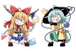  2girls :> :d ahoge aqua_hair asymmetrical_sidelocks black_hat black_shoes blank_stare blue_overskirt blue_ribbon blue_skirt blush_stickers bow brown_horns chain chibi chibi_only closed_mouth commentary_request contrast_collar cuffs eyeball fist_in_hand footwear_bow full_body generalcanon gourd green_skirt hair_bow hand_up hat hat_bow horn_ornament horn_ribbon horns ibuki_suika komeiji_koishi light_blush long_hair long_skirt looking_at_viewer low-tied_sidelocks multiple_girls open_mouth orange_hair red_bow ribbon shackles shirt shoes sidelocks signature skirt sleeveless sleeves_past_fingers sleeves_past_wrists smile touhou two-tone_skirt v-shaped_eyebrows very_long_hair white_shirt white_skirt yellow_bow yellow_shirt 