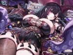  1girl :o azur_lane bare_shoulders black_dress black_hair black_thighhighs blush breasts brown_thighhighs cleavage coin copyright_name copyright_notice cross-laced_clothes curvy detached_sleeves dress fishnet_thighhighs fishnets gem gold gold_coin gomashio_ponz hat highres huge_breasts jewelry large_breasts logo long_hair long_sleeves looking_at_viewer lying multicolored_hair multiple_rings nail_polish necklace octopus official_art on_back open_mouth pink_gem pirate_costume pirate_hat purple_eyes purple_gem purple_hair queen_anne's_revenge_(azur_lane) red_gem ring short_dress single_sleeve single_thighhigh skindentation solo streaked_hair suction_cups tentacles thick_thighs thigh_strap thighhighs thighs thumb_ring treasure_chest two-tone_hair unworn_jewelry wet 