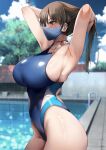  1girl armpit_focus armpits arms_up black_hair blue_one-piece_swimsuit blurry blurry_background blush breasts brown_eyes commentary_request competition_swimsuit ear_piercing from_side highleg highleg_one-piece_swimsuit highres huge_breasts konata_(kankin_jk) long_hair looking_ahead mask mishiranu_joshikousei_ni_kankin_sareta_mangaka_no_hanashi mouth_mask one-piece_swimsuit outdoors parted_lips piercing pool presenting_own_armpit ryouma_(galley) solo swimsuit 