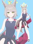  1girl ahoge animal_ears bag black_jacket black_one-piece_swimsuit blue_archive blue_background breasts clothes_around_waist commentary_request competition_swimsuit cowboy_shot fox_ears full_body green_eyes green_halo grey_hair grin halo highres jacket jacket_around_waist long_hair looking_at_viewer low_ponytail madoka_(user_zrnk8278) multicolored_swimsuit multiple_views one-piece_swimsuit otogi_(blue_archive) parted_lips ponytail sandals small_breasts smile swimsuit 