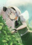  1girl absurdres ascot black_ascot black_bow black_hairband blush bow bow_hairband breasts bush buttons closed_mouth collared_shirt commentary_request cowboy_shot dutch_angle gardening gardening_shears green_eyes green_skirt green_vest hairband highres konpaku_youmu luke_(kyeftss) puffy_short_sleeves puffy_sleeves saigyou_ayakashi shirt short_hair short_sleeves skirt skirt_set small_breasts smile solo touhou vest white_shirt youmu_day 
