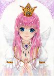  angel_wings blue_eyes crown dress earrings eri-noa eyelashes hands_clasped jewelry lace lace_background original own_hands_together pink_hair princess puffy_sleeves short_sleeves smile solo traditional_media watercolor_(medium) white_dress wings 