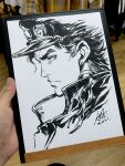  1boy art_tools_in_frame artist's_hand_in_frame black_hair closed_mouth commentary ear_piercing english_commentary from_side hat highres jojo_no_kimyou_na_bouken kujo_jotaro male_focus marker_(medium) monochrome peaked_cap photo_(medium) piercing profile signature sketch stanley_lau stardust_crusaders traditional_media white_background 