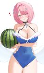  1girl 4kebidayo absurdres bare_shoulders black_choker blue_one-piece_swimsuit blush bow breasts choker cleavage collarbone commentary covered_navel fingernails food fruit grin groin hair_bow hair_intakes hair_ornament hairclip heart highres holding holding_food holding_fruit large_breasts looking_at_viewer medium_hair mole mole_on_breast nail_polish one-piece_swimsuit pink_bow pink_eyes pink_hair pink_lips pink_nails purple_nails remielle_dan simple_background smile solo sweat swimsuit thighs watermelon white_background white_wings wings zenless_zone_zero 