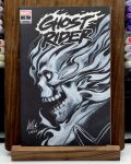  1boy art_tools_in_frame commentary cover_sketch english_commentary fire flaming_eye flaming_head ghost_rider ghost_rider_(series) highres male_focus marker_(medium) marvel monochrome open_mouth photo_(medium) portrait profile signature skeleton solo stanley_lau teeth traditional_media upper_body 