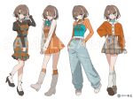  1girl :o absurdres aqua_bow aqua_bowtie aqua_tube_top asu_(sinsekai) baggy_pants belt black_shirt blouse boots bow bow_legwear bowtie brown_hair cardigan closed_eyes collared_shirt commentary_request criss-cross_straps denim dress earrings flipped_hair frilled_skirt frills hands_in_pockets high_heel_boots high_heels highres jeans jewelry juliet_sleeves kamitsubaki_studio knee_boots kneehighs large_earrings light_smile loafers long_sleeves looking_at_viewer looking_down looking_to_the_side medium_skirt miniskirt official_art orange_cardigan pants pencil_skirt pinafore_dress plaid_clothes plaid_shirt plaid_skirt puffy_sleeves shirt shoes shrug_(clothing) sidelocks sinsekai_record skirt sleeveless sleeveless_dress sneakers socks star_(symbol) star_earrings strapless tnri_0404 tube_top vest white_hair white_socks 