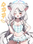  1girl :d ;d absurdres animal_ears balenjeong bare_shoulders bikini bikini_skirt black_streaks blue_archive blue_halo blush breasts brown_eyes chestnut_mouth collarbone commentary_request cowboy_shot ear_wiggle frilled_bikini frills grey_hair hair_ornament hairclip halo hand_on_own_hip hand_up highres index_finger_raised kokona_(blue_archive) kokona_(swimsuit)_(blue_archive) korean_commentary korean_text long_hair looking_at_viewer low_twintails multicolored_hair navel one_eye_closed open_mouth plaid_bikini plaid_clothes simple_background small_breasts smile solo stomach streaked_hair swimsuit teeth twintails upper_teeth_only very_long_hair white_background wide_hips 