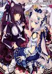  absurdres animal_ears black_hair blue_eyes blush cat_ears cat_tail chocola_(sayori) cover floral_print gothic_lolita highres lolita_fashion multiple_girls nail_polish nekopara plaid plaid_legwear print_legwear sample sayori sitting tail vanilla_(sayori) 