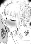  1boy 1girl :>= absurdres bar_censor blunt_bangs blush boku_no_hero_academia censored closed_eyes collarbone cum cum_bubble cum_in_mouth cum_overflow cum_string double_bun fellatio greyscale hair_bun happy_sex heart hetero highres kaiman_garupan loving_aura messy_hair monochrome nose_blush nose_bubble oral penis short_hair sidelocks solo_focus sound_effects steaming_body sweat testicles toga_himiko translation_request very_sweaty white_background 