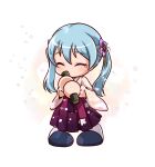  1girl blue_hair blue_shoes commentary_request diploma diploma_tube floral_print floral_print_kimono flower hair_flower hair_ornament holding holding_diploma japanese_clothes jikkyou_powerful_pro_yakyuu jikkyou_powerful_pro_yakyuu_(style) jikkyou_powerful_soccer kazanin_eru kimono kimono_skirt long_hair megu_ponta multicolored_shoes no_mouth petals pink_kimono pink_petals print_kimono purple_flower purple_skirt rayman_limbs shoes skirt smile solo tears twintails two-tone_shoes white_shoes 