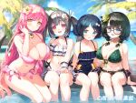  4girls :d aqua_eyes arms_at_sides bare_arms bare_shoulders belt bikini black_hair blue_bikini blue_eyes blue_hair blue_one-piece_swimsuit blue_sky blurry blurry_background blush bow bow_swimsuit braid breasts bucchake_(asami) choker cleavage closed_mouth collarbone commentary_request day double_bun feet_out_of_frame flower flower_bikini frilled_bikini frilled_one-piece_swimsuit frilled_wrist_cuffs frills front-tie_bikini_top front-tie_top glasses green_bikini green_bow green_flower green_hair hair_bow hair_bun hair_flower hair_ornament halterneck hand_in_own_hair hand_on_own_chest hand_on_own_leg hand_up heart_pendant highleg highleg_bikini highres huge_breasts large_breasts leaning_forward legs_together light_blush long_hair looking_at_viewer low_twin_braids multiple_girls navel ocean one-piece_swimsuit open_mouth original outdoors palm_tree parted_bangs pink_bikini pink_eyes pink_flower pink_hair polka_dot polka_dot_bikini polka_dot_bow short_hair shorts side-tie_bikini_bottom sitting sky small_breasts smile soaking_feet spaghetti_strap straight_hair strap_gap swept_bangs swimsuit tree twin_braids twintails very_long_hair water white_bikini white_choker white_flower wrist_cuffs yellow_bow yellow_eyes 