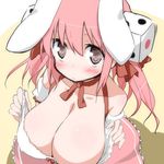  animal_ears ayane_yuu blush breasts brown_eyes bunny_ears cleavage di_gi_charat dice dice_hair_ornament hair_ornament huge_breasts long_hair pink_hair ribbon solo twintails usada_hikaru 