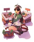  ahoge atelier_(series) atelier_viorate basket brown_hair carrot dress flower food full_body hat kneeling long_hair mushroom official_art ouse_kohime potato scan shoes sitting skirt solo viorate_platane wariza 