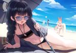  4girls absurdres ball bare_shoulders beach beachball bikini black_bikini black_coat black_hair blue_archive blush braid breasts butterfly_hair_ornament coat commentary_request grey_eyes hair_ornament halo highres kisaki_(blue_archive) kisaki_(swimsuit)_(blue_archive) kokona_(blue_archive) kokona_(swimsuit)_(blue_archive) long_hair long_sleeves looking_at_viewer lying multiple_girls navel off_shoulder oil-paper_umbrella on_side open_mouth rumi_(blue_archive) rumi_(swimsuit)_(blue_archive) shun_(blue_archive) shun_(swimsuit)_(blue_archive) small_breasts smile solo_focus sunglasses swimsuit thighs umbrella usa_b 