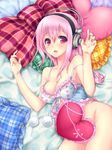  bed_sheet blush bottomless breasts censored cleavage convenient_censoring frilled_pillow frills headphones heart heart_pillow heart_print highres long_hair lying medium_breasts nfr nitroplus pillow pink_eyes pink_hair solo super_sonico 