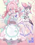  1girl absurdres aqua_streaks aria_(human)_(zenless_zone_zero) aria_(robot)_(zenless_zone_zero) aria_(zenless_zone_zero) arm_warmers blue_eyes bow chocho_16 dress highres looking_at_viewer maid multicolored_hair open_mouth pink_hair robot_girl smile streaked_hair striped_arm_warmers v v_over_eye zenless_zone_zero 