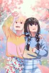  2girls absurdres black_hair blonde_hair blue_bow blue_flower blue_sweater bow chai_haru cherry_blossoms commentary_request day falling_petals floral_print floral_print_skirt flower grey_sweater hair_bow hair_flower hair_ornament hand_on_another's_shoulder highres inoue_takina lycoris_recoil multiple_girls nishikigi_chisato open_mouth outdoors petals pink_sweater print_skirt purple_eyes red_eyes short_hair skirt smile sweater twintails two-tone_sweater white_skirt yellow_sweater yuri 