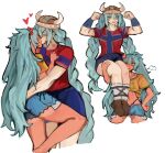  2026_fifa_world_cup 2girls absurdres aqua_hair blush braid brazil brazilian_miku breasts carrying carrying_person eye_contact face-to-face fake_horns flag_print hand_on_another's_back hatsune_miku helmet highres horned_helmet horns kiss long_hair looking_at_another lynk8011 multiple_girls muscular muscular_female norway norwegian_flag norwegian_flag_print norwegian_miku norwegian_national_soccer_team_uniform on_shoulder open_mouth shirt shorts sitting_on_shoulder soccer_uniform sportswear twin_braids twintails viking vocaloid white_background world_cup yellow_shirt yuri 