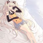  animal_ears bad_id bad_pixiv_id bed blonde_hair blue_eyes cat_ears elbow_gloves enk gloves highres legs long_hair lying on_back pillow seeu skirt smile solo very_long_hair vocaloid wince 