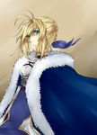  absurdres ahoge armor armored_dress artoria_pendragon_(all) blonde_hair blue_cape cape dress fate/stay_night fate_(series) green_eyes highres nashoki ponytail saber solo 