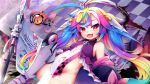  1girl absurdres ahoge blue_hair breasts clothing_cutout commentary_request desumakina dress eye_trail fang gradient_hair halo highres light_censor light_trail long_hair looking_at_viewer luminaria_pro multicolored_hair navel no_panties ochite_miro open_mouth pink_hair purple_hair rainbow_hair skin_fang small_breasts solo thighhighs twintails very_long_hair virtual_youtuber 