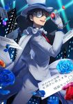  1boy absurdres ace_(playing_card) ace_of_spades blue_eyes blue_flower blue_rose building cape card flower gem gloves hat highres holding holding_gem jacket kaitou_kid koya10305 magic_kaito male_focus monocle necktie playing_card red_gem red_necktie rose skyscraper solo spade_(shape) suit translation_request white_cape white_gloves white_hat white_jacket white_suit 