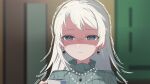  1girl bang_dream! bang_dream!_our_notes blurry blurry_background commentary cup earrings grey_eyes highres holding holding_cup jewelry long_hair mahashi_miku peke_(pekeiscat) portrait solo untranslatable_commentary 