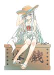  1girl animal_ears blue_eyes bow bowtie box commentary_request donation_box dress fox_ears fox_girl fox_tail full_body hair_ribbon hand_on_headwear hat highres light_blush long_hair looking_at_viewer one_side_up original pinafore_dress red_bow red_bowtie red_ribbon ribbon sandals shiro_youduki simple_background sitting sleeveless sleeveless_dress smile solo stick tail very_long_hair white_background white_dress white_hair 