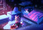  1boy 1other absurdres bed bedroom bilingual_commentary blanket blue_skin blue_theme cake colored_skin commentary deltarune drawer food goat_boy green-framed_eyewear highres indoors lamp mixed-language_commentary picture_frame pink_scarf ralsei ralsei_(hat) rug scarf shelf sleeping star_(symbol) under_covers utdr_(toby_fox) watawata22 white_fur 