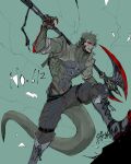  1boy abs artist_name axe boots claws commentary_request green_background green_hair grey_boots hair_over_one_eye haxorus highres holding holding_axe lace-up_boots male_focus personification pokedex_number pokemon red_eyes red_nails sakuma_(s-a-r-m) solo standing tail toned toned_male 