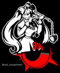  1girl black_background bow commentary crazyanime3 double-parted_bangs dress english_commentary flail gloves hair_between_eyes hair_bow highres holding holding_flail holding_weapon limited_palette long_hair looking_at_viewer ojou-sama_pose omori open_mouth parody persona persona_5 polka_dot polka_dot_bow puffy_short_sleeves puffy_sleeves short_sleeves sidelocks simple_background smile solo style_parody sweetheart_(omori) teeth tongue twintails upper_teeth_only weapon 