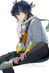  1boy antenna_hair bag black_gloves black_hair black_pants closed_mouth commentary_request diamond-shaped_pupils diamond_(shape) ear_piercing earrings expressionless figure_four_sitting fingerless_gloves genshin_impact gloves green_eyes green_headband hair_between_eyes hands_on_own_leg headband highres hood hoodie invisible_chair jewelry kinich_(genshin_impact) kinich_(hello_cycling)_(genshin_impact) long_sleeves looking_at_viewer male_focus multicolored_eyes official_alternate_costume orange_bag pants piercing shoes simple_background sitting skg_g sneakers solo symbol-shaped_pupils twitter_username two-tone_eyes watermark white_background white_hoodie yellow_eyes 