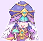  1girl aqua_hair blue_hat colored_tips commentary_request fate/grand_order fate_(series) gold_trim hat holding holding_mushroom kibinago_(kibinago614) locusta_(fate) locusta_(second_ascension)_(fate) looking_at_viewer multicolored_hair mushroom open_mouth pink_robe purple_eyes robe sharp_teeth short_hair simple_background smile solo teeth white_background 
