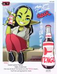  1980s_(style) 1990s_(style) 1girl absurdres artist_collaboration black_hair black_nails black_shirt black_shoes black_undershirt blue_eyes bottle buttons cursive delicious_soup dress_shoes fake_ad fake_magazine_scan faux_traditional_media female_goblin food furigana goblin grey_shirt highres holding logo measurements mixed-language_text original outdoors outline pants pink_pants retro_artstyle sharp_teeth shirt shoes short_sleeves sitting smile soda soda_bottle solo teeth vertical_text white_outline 