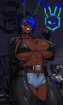  1girl abs animal_ear_piercing animal_ears belt bikini black_bikini black_gloves black_hair black_jacket black_pants blue_hair breasts chest_tattoo cigar cleavage commentary commission dark-skinned_female dark_skin denim denim_shorts english_commentary english_text eyebrows_hidden_by_hair f.b.w face_piercing gloves graffiti highres huge_breasts jacket lipstick looking_at_viewer makeup medium_hair motor_vehicle motorcycle multicolored_hair nose_piercing open_mouth original pants piercing pink_eyes ponytail rabbit_ears rabbit_girl shorts smile solo swimsuit tattoo teeth toned toned_female two-tone_hair 