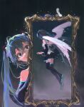  1girl absurdres ahoge angel_wings aqua_eyes aqua_hair black_skirt black_sleeves black_thighhighs colored_shoe_soles commentary detached_sleeves feathers haitang hatsune_miku highres pleated_skirt portrait_(object) shirt shoe_soles shoes skirt solo thighhighs twintails vocaloid watermark weibo_username weibo_watermark white_shirt wings 
