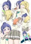  4girls aqours_3rd_years blonde_hair blue_hair carrying carrying_over_shoulder carrying_person commentary_request eating grey_hair looking_at_phone love_live! love_live!_sunshine!! matsuura_kanan multiple_girls multiple_views noppo_bread ohara_mari orange_hair phone ponytail purple_eyes reading school_uniform signature simple_background sleeping takami_chika ukakoro2132 uranohoshi_school_uniform watanabe_you waving 